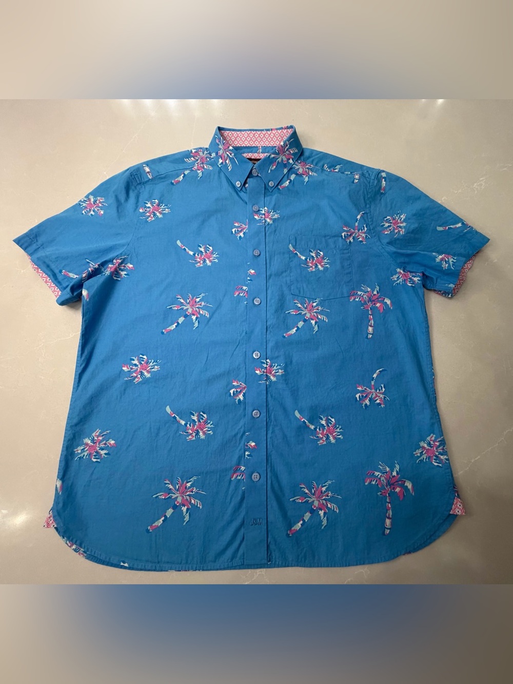 Johnston & Murphy Teal Blue Palm-Print Short-Sleeve Button-Down Shirt, L